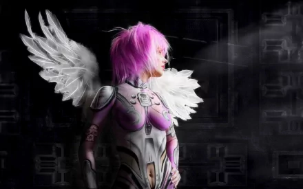 HD PC desktop wallpaper featuring a fantasy angel with glowing white wings and vibrant pink hair against a dark, abstract background.