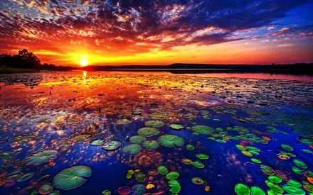 HDR image of a serene lake at sunset with colorful skies and lily pads. This HD wallpaper captures the beauty of nature with vibrant reflections on the water.