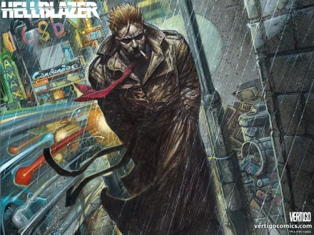 HD PC desktop wallpaper featuring a dark, rainy city scene from the Hellblazer comic, showcasing the brooding protagonist in a trench coat amid neon lights and urban chaos.