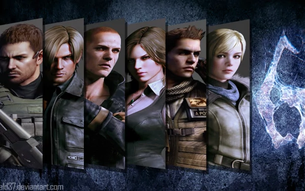 A vibrant HD desktop wallpaper featuring characters from Resident Evil 6, showcasing a lineup of iconic figures against a dark, atmospheric background.