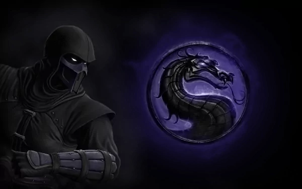 HD wallpaper featuring Noob Saibot from Mortal Kombat, wearing a mask and hood, with glowing white eyes. The Mortal Kombat dragon logo is displayed against a dark backdrop.