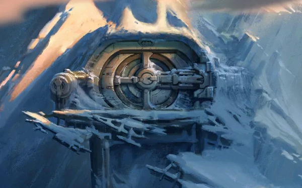 HD PC desktop wallpaper of Lost Planet: a massive circular mechanical hatch half-buried in ice on a jagged frozen cliff, cold blue lighting and drifting snow.