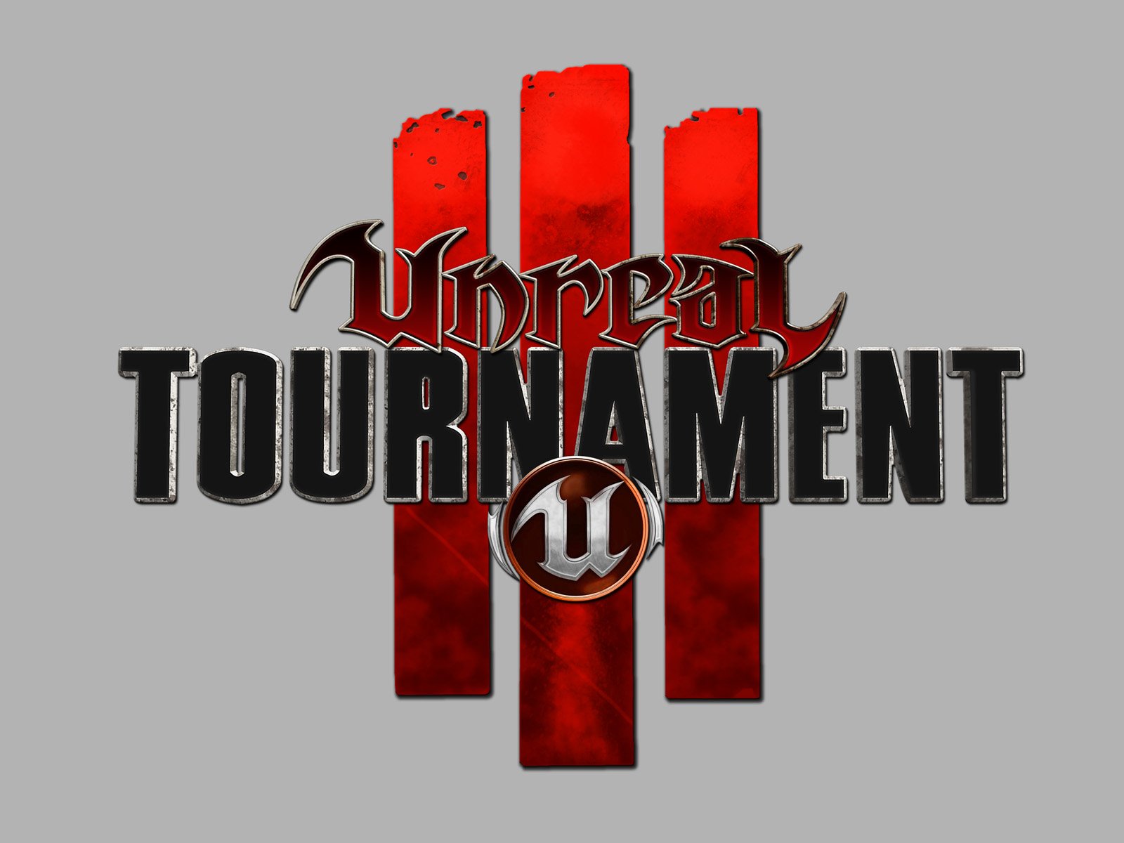Unreal Tournament logo over three red vertical bars on a gray field — HD PC desktop wallpaper background for the video game.