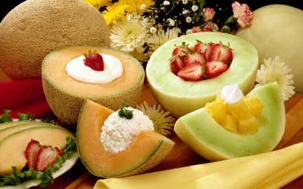 A vibrant arrangement of melons, including cantaloupe and honeydew, garnished with strawberries and whipped cream, surrounded by colorful flowers, creates a delightful food-themed wallpaper.