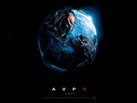 A dramatic HD wallpaper featuring the iconic clash between the Predator and Alien on a stylized Earth, inspired by the movie Aliens vs. Predator: Requiem.