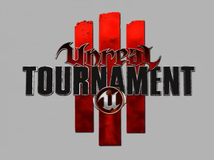 Unreal Tournament logo over three red vertical bars on a gray field — HD PC desktop wallpaper background for the video game.