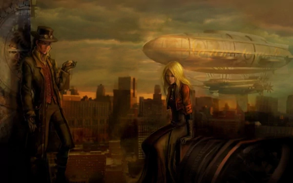 HD fantasy PC desktop wallpaper featuring two people in a steampunk cityscape with a large airship floating over an industrial skyline at dusk.