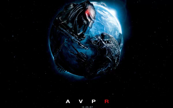 A dramatic HD wallpaper featuring the iconic clash between the Predator and Alien on a stylized Earth, inspired by the movie Aliens vs. Predator: Requiem.