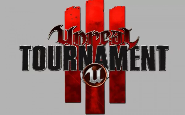 Unreal Tournament logo over three red vertical bars on a gray field — HD PC desktop wallpaper background for the video game.