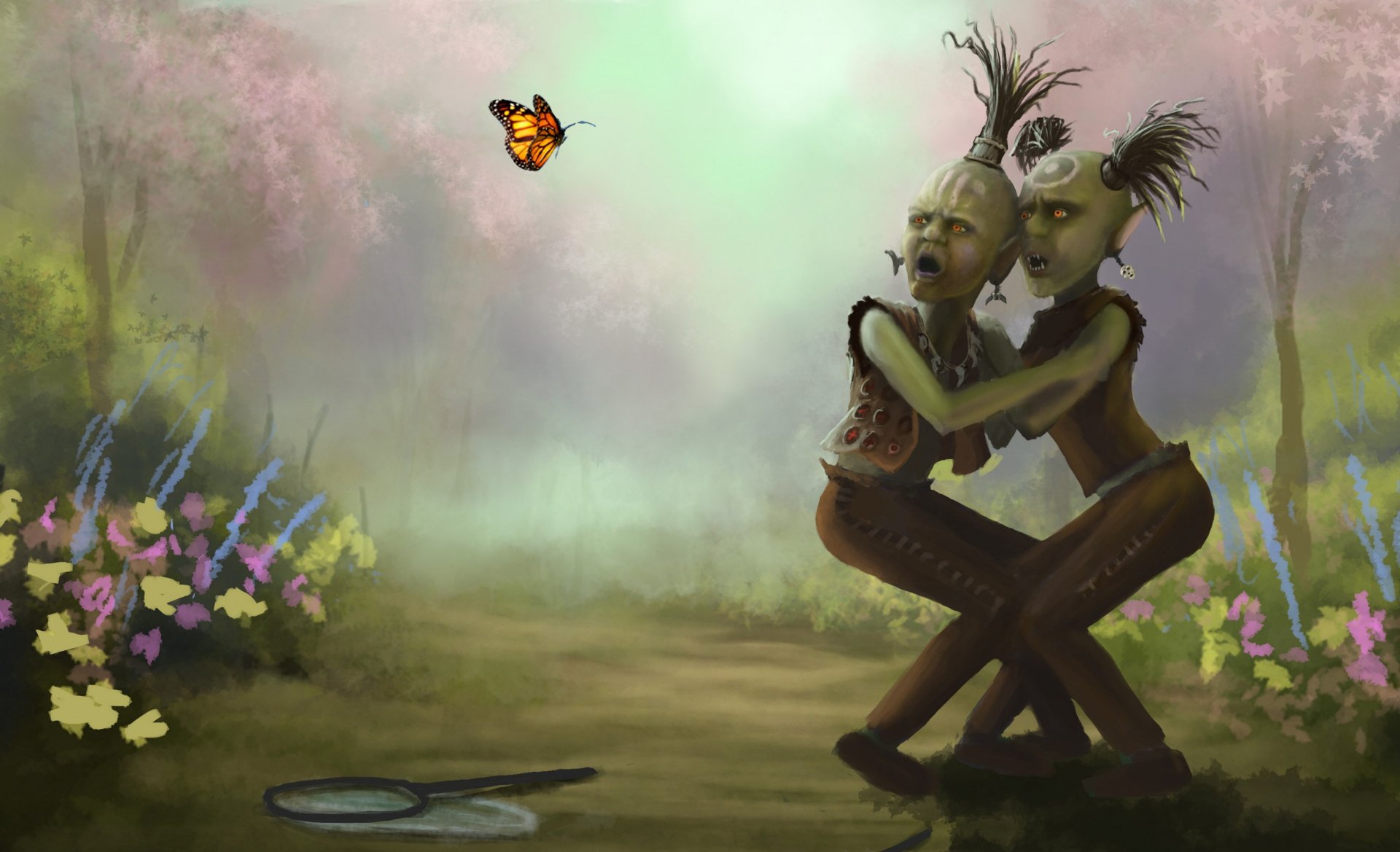 A fantasy 4K Ultra HD wallpaper featuring two goblin-like creatures with twig hair intertwined in a misty, colorful forest clearing with flowers and a butterfly.