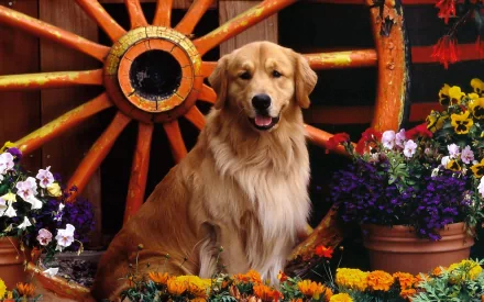An HD desktop wallpaper featuring a golden retriever sitting among vibrant flowers with a rustic wooden wheel in the background.