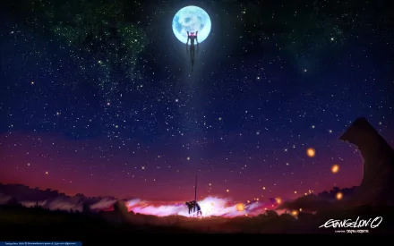 A stunning HD wallpaper featuring Evangelion Unit-13 and Evangelion Unit-01 under a moonlit sky with the Spear of Longinus, from the anime Evangelion: 2.0 You Can (Not) Advance.