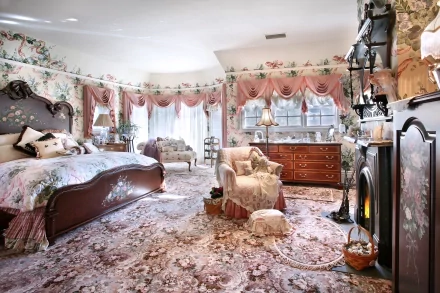 4K Ultra HD image of a vintage-style room featuring floral wallpaper, ornate furniture, a fireplace, and elegant draped curtains, showcasing man-made interior design.