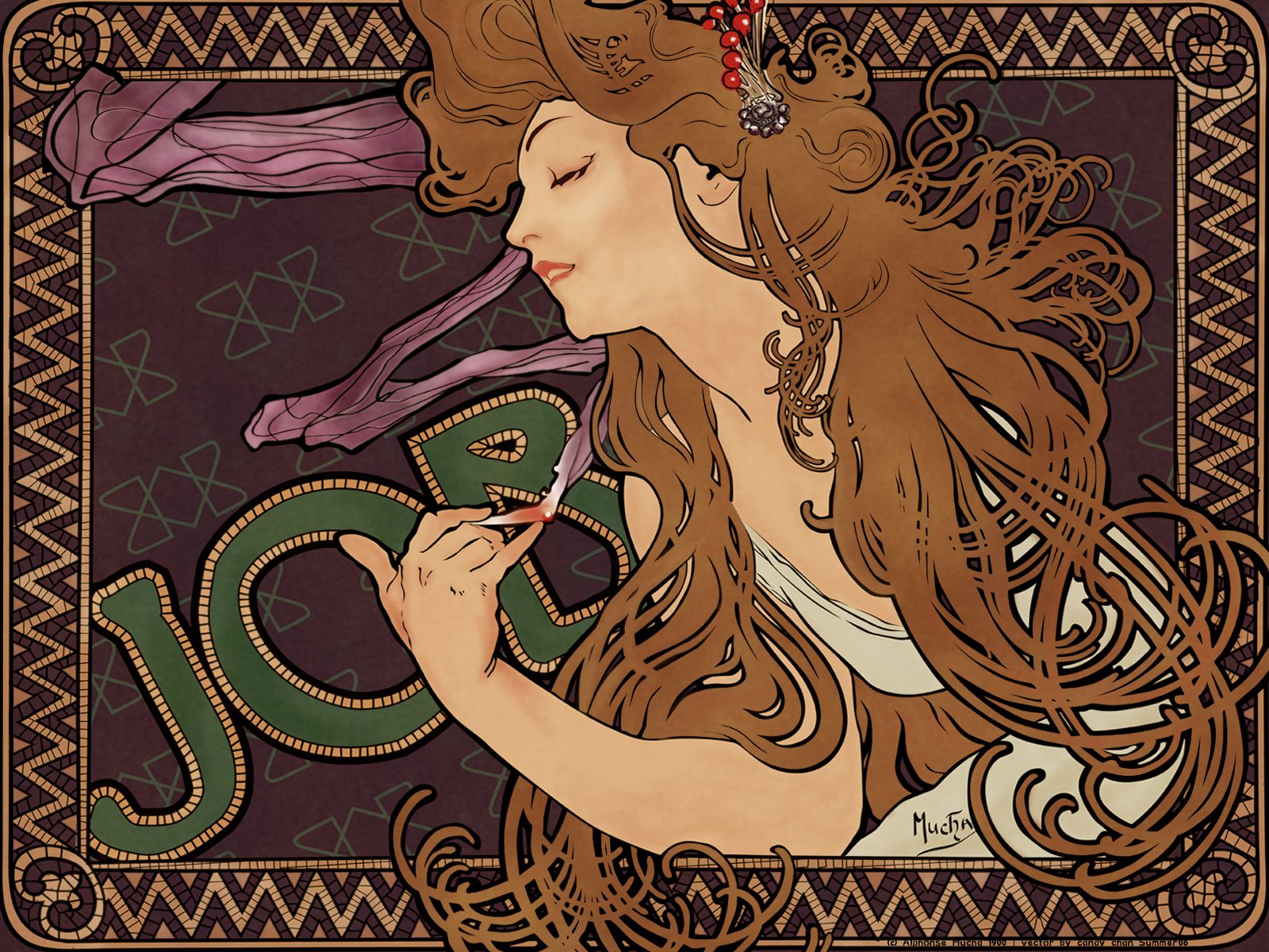 An artistic HD desktop wallpaper featuring a graceful human figure with flowing hair, elegantly positioned alongside decorative elements and text, creating a captivating visual composition.