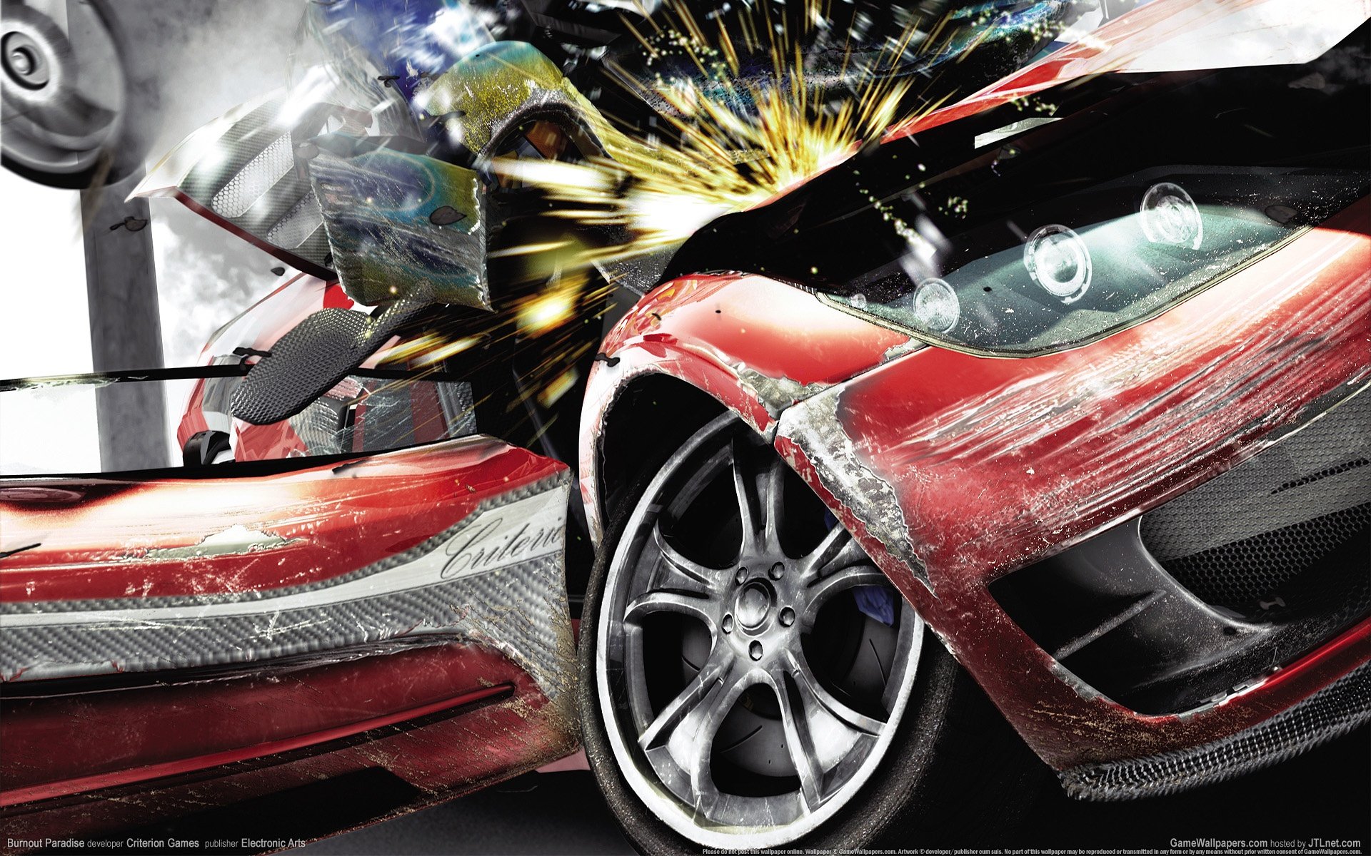 HD PC desktop wallpaper from the video game Burnout Paradise, featuring a close-up crash scene with two damaged red sports cars colliding.