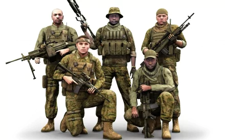 HD PC desktop wallpaper showing five armed soldiers from the video game Bad Company posing in combat gear against a white background.