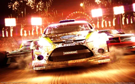 HD PC desktop wallpaper showcasing intense rally racing action from the video game DiRT: Showdown, featuring dynamic cars and fiery nighttime effects.