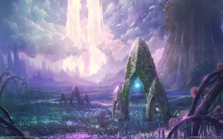 HD PC desktop wallpaper from the video game AION, featuring a mystical landscape with glowing structures and a dramatic sky filled with light beams and clouds.