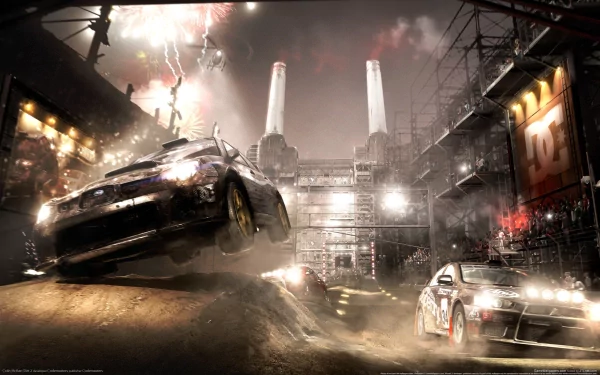 HD PC desktop wallpaper from the video game Colin McRae: Dirt 2, featuring rally cars racing through a dramatic, industrial nighttime setting with lightning overhead.