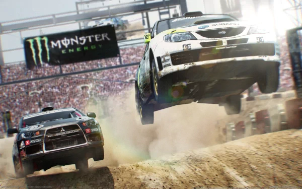 Colin McRae: DiRT 2 video game 2K Quad HD PC desktop wallpaper: rally cars tearing through a dirt track, one airborne amid stadium crowds and a cloud of dust.