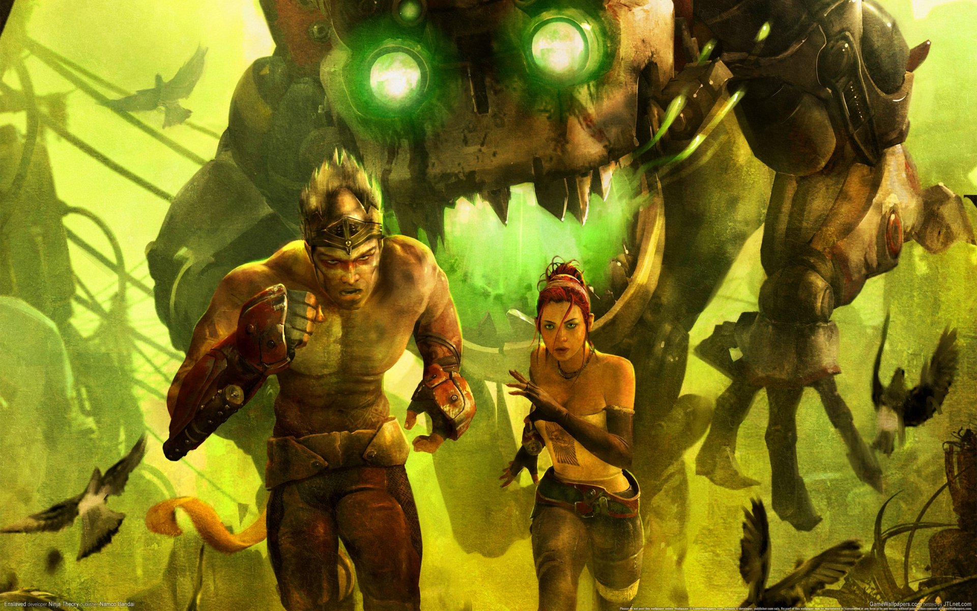 HD PC desktop wallpaper featuring characters and a large mechanical creature from the video game Enslaved: Odyssey to the West in a vivid green-toned post-apocalyptic setting.
