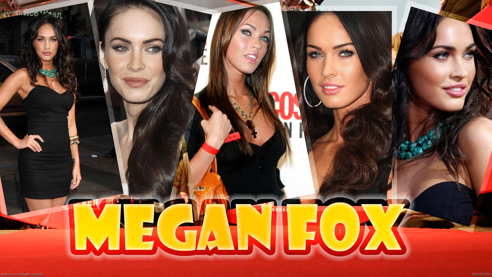 HD PC desktop wallpaper collage featuring multiple glamorous images of celebrity Megan Fox with her name prominently displayed at the bottom.