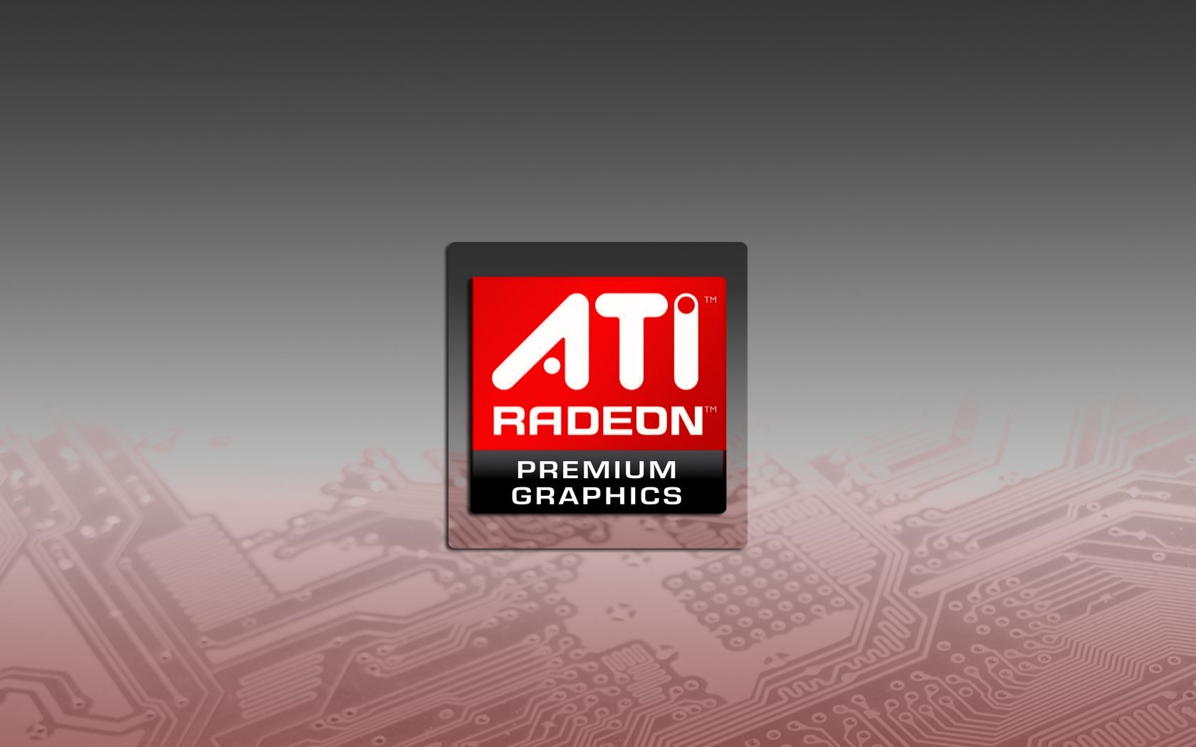 HD PC desktop wallpaper featuring the ATI Radeon Premium Graphics badge centered over a muted red-to-gray gradient with subtle circuit-board traces, technology-themed.