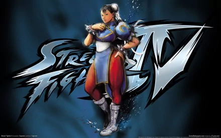HD PC desktop wallpaper featuring Chun-Li from the Street Fighter video game series, standing confidently against a stylized Street Fighter IV logo background.