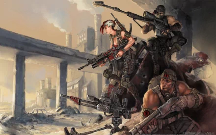 HD PC desktop wallpaper for the video game The Agency: Covert Ops — three heavily armed covert operatives take cover amid a ruined urban overpass.
