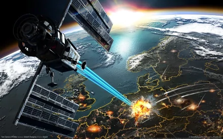 HD PC desktop wallpaper from the video game Tom Clancy's EndWar showing satellites firing blue beams toward an explosion over a detailed map of Europe.