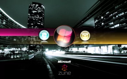 HD PC desktop wallpaper and background: Microsoft Zune technology theme with a nighttime cityscape, light trails and glossy Zune icons and logo across a colorful horizontal band.