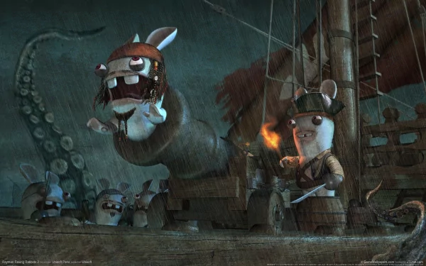 HD desktop wallpaper featuring characters from the video game Rayman Raving Rabbids, depicting a whimsical scene with Rabbids on a pirate ship amidst a stormy sea, with a tentacle visible in the background.