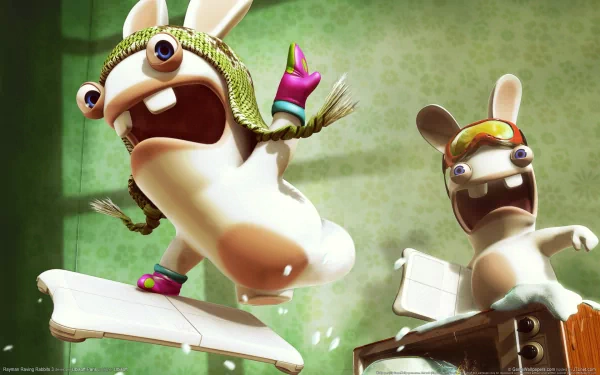HD desktop wallpaper featuring a vibrant image from the video game Rayman Raving Rabbids. The scene showcases two animated Rabbids engaged in a humorous and energetic moment.