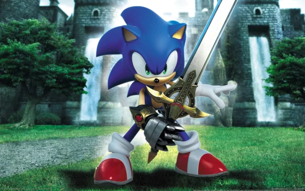 Sonic the Hedgehog wielding a sword, set against a vibrant medieval landscape featuring waterfalls and a castle, from the video game Sonic and the Black Knight. HD wallpaper.