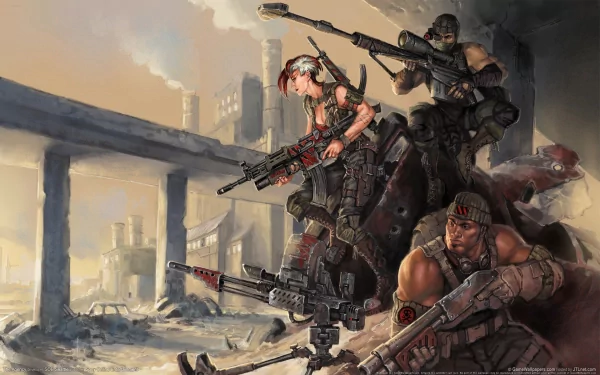 HD PC desktop wallpaper for the video game The Agency: Covert Ops — three heavily armed covert operatives take cover amid a ruined urban overpass.