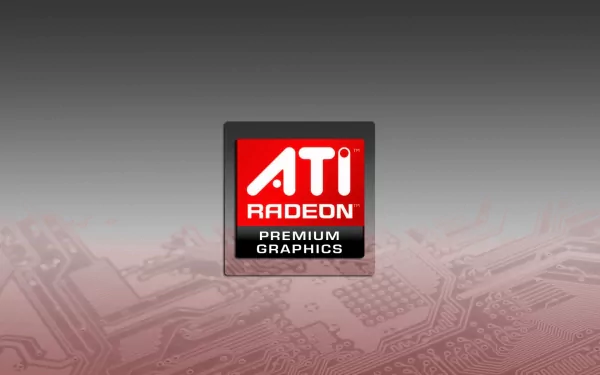 HD PC desktop wallpaper featuring the ATI Radeon Premium Graphics badge centered over a muted red-to-gray gradient with subtle circuit-board traces, technology-themed.