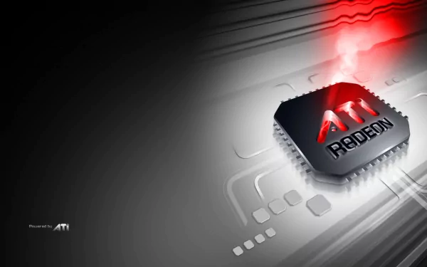 HD desktop wallpaper featuring the ATI Radeon logo on a computer hardware chip, highlighting advanced technology and performance.