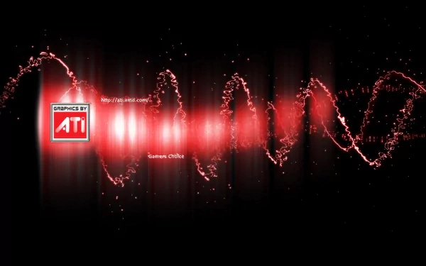 HD PC desktop wallpaper featuring a glowing red ATI Graphics logo with dynamic waveforms, emphasizing cutting-edge technology and digital design.