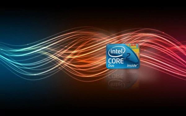 HD PC desktop wallpaper featuring the Intel Core 2 Duo logo with dynamic flowing blue and red light waves symbolizing advanced technology.