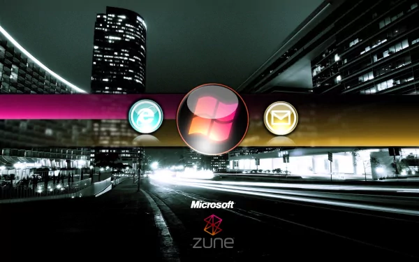 HD PC desktop wallpaper and background: Microsoft Zune technology theme with a nighttime cityscape, light trails and glossy Zune icons and logo across a colorful horizontal band.