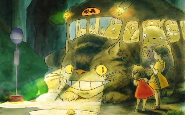 HD desktop wallpaper featuring characters from My Neighbor Totoro: Satsuki and Mei Kusakabe standing near the Catbus at a night bus stop. The scene exudes a magical, whimsical atmosphere.