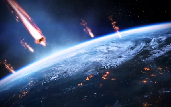 A stunning HD desktop wallpaper from Mass Effect, showcasing a planet under bombardment with fiery meteors streaking across a cosmic backdrop, capturing the essence of sci-fi adventure.
