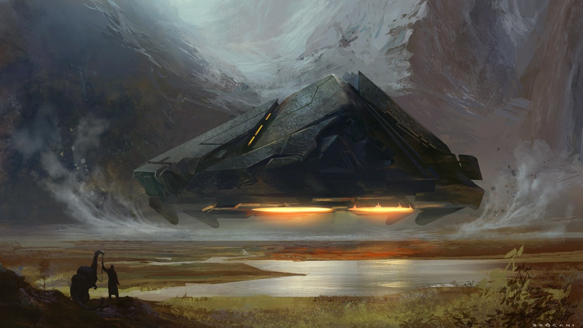 Sci-Fi HD PC desktop wallpaper/background: a massive triangular spaceship hovers over a misty valley, orange thrusters glowing and reflecting on a river while two small figures watch from shore.
