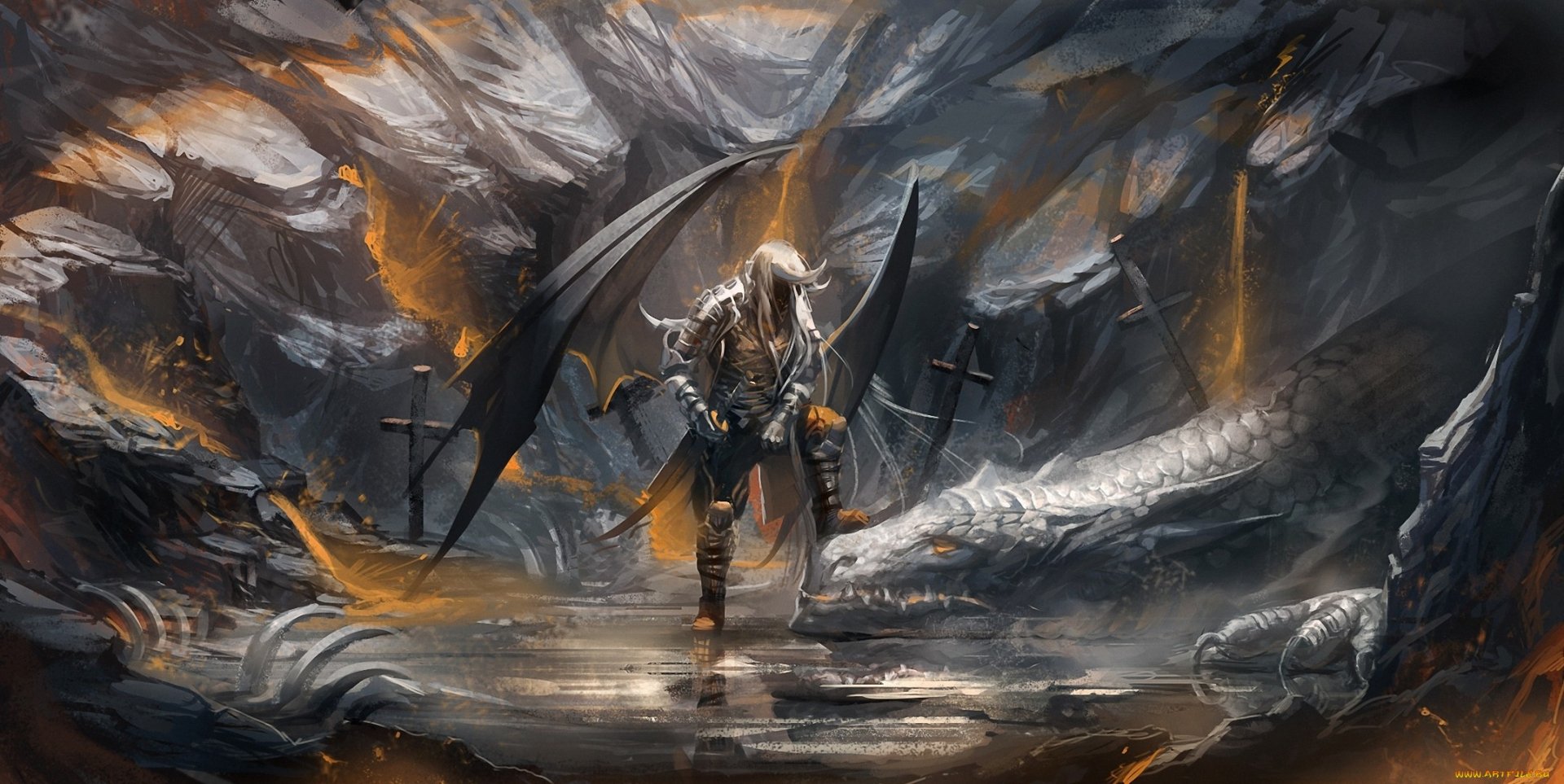 An angel warrior stands triumphantly over a defeated dragon in a dramatic, fantasy landscape, surrounded by jagged mountains and a mystical atmosphere. This HD wallpaper captures epic adventure.