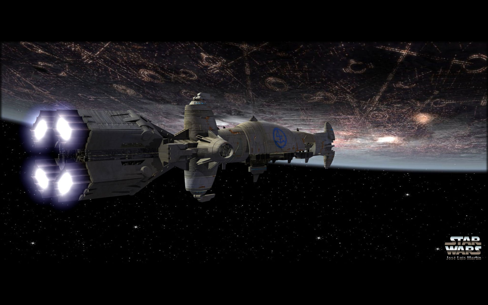 HD sci-fi Star Wars desktop wallpaper featuring a large spaceship flying near a massive space station against a starry backdrop.