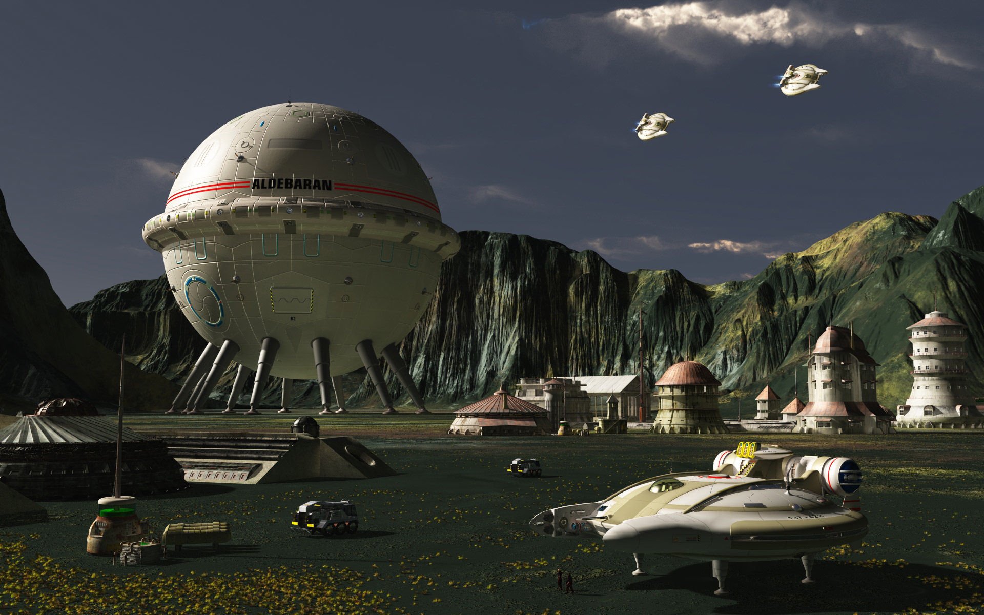 Sci-fi city HD PC desktop wallpaper/background: a futuristic settlement with a giant spherical tower on legs, landing pads, hovercraft and domed buildings beneath craggy cliffs and a cloudy sky.