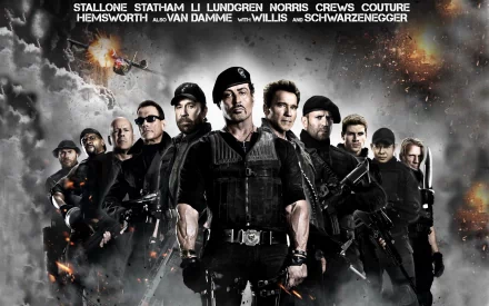 HD desktop wallpaper featuring the cast of The Expendables 2, with an action-packed background, showcasing explosions and helicopters.