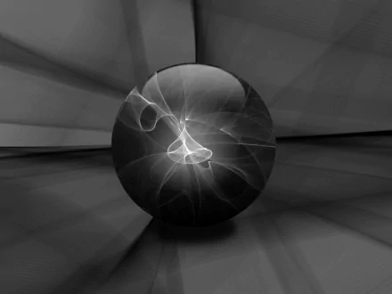 A dark, abstract CGI ball in high definition, set against an intricate, black and white background. This image works well as a desktop wallpaper or background.