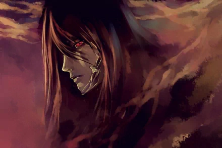A striking HD wallpaper featuring Renji Abarai from the anime Bleach, showcasing his intense gaze against a dramatic, cloud-filled background.