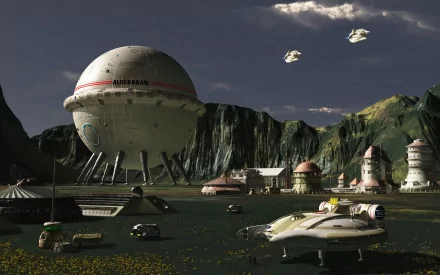 Sci-fi city HD PC desktop wallpaper/background: a futuristic settlement with a giant spherical tower on legs, landing pads, hovercraft and domed buildings beneath craggy cliffs and a cloudy sky.
